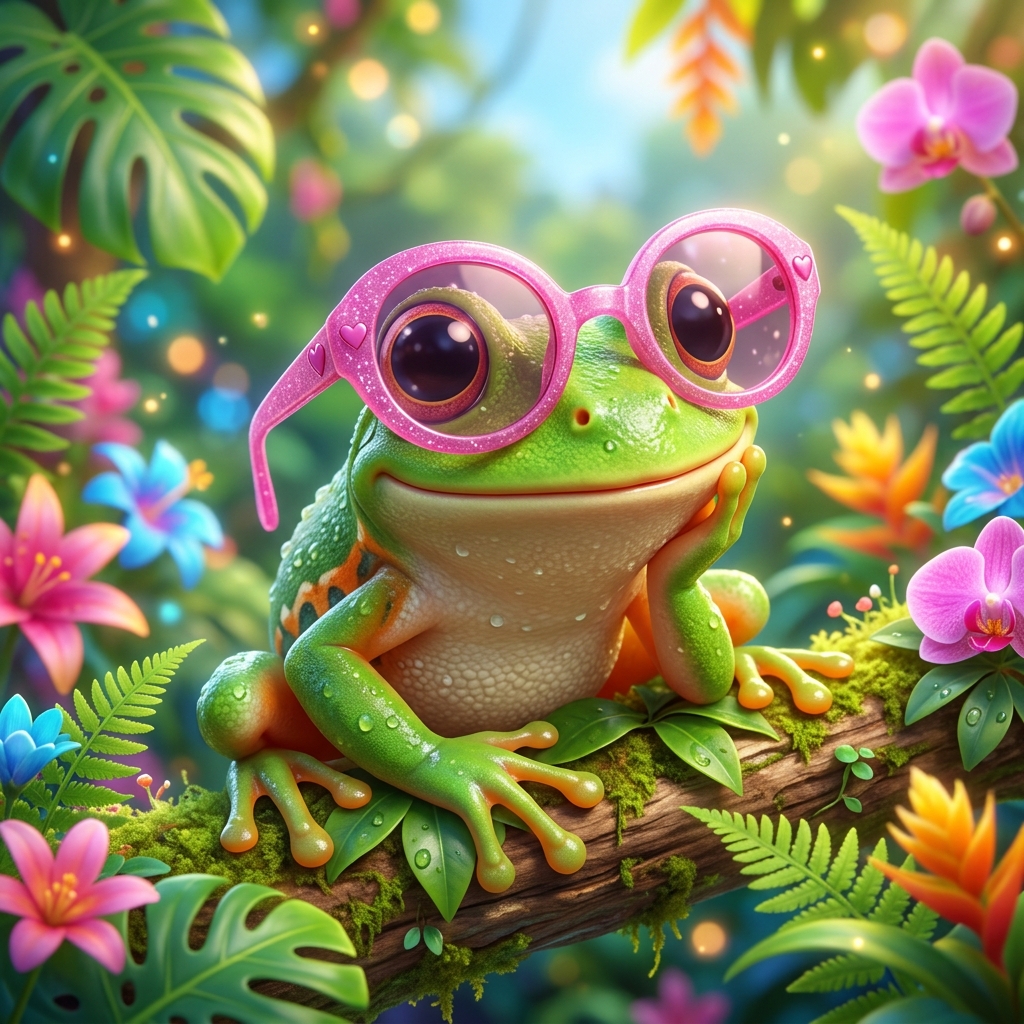 Golnaz the frog wearing pink sunglasses