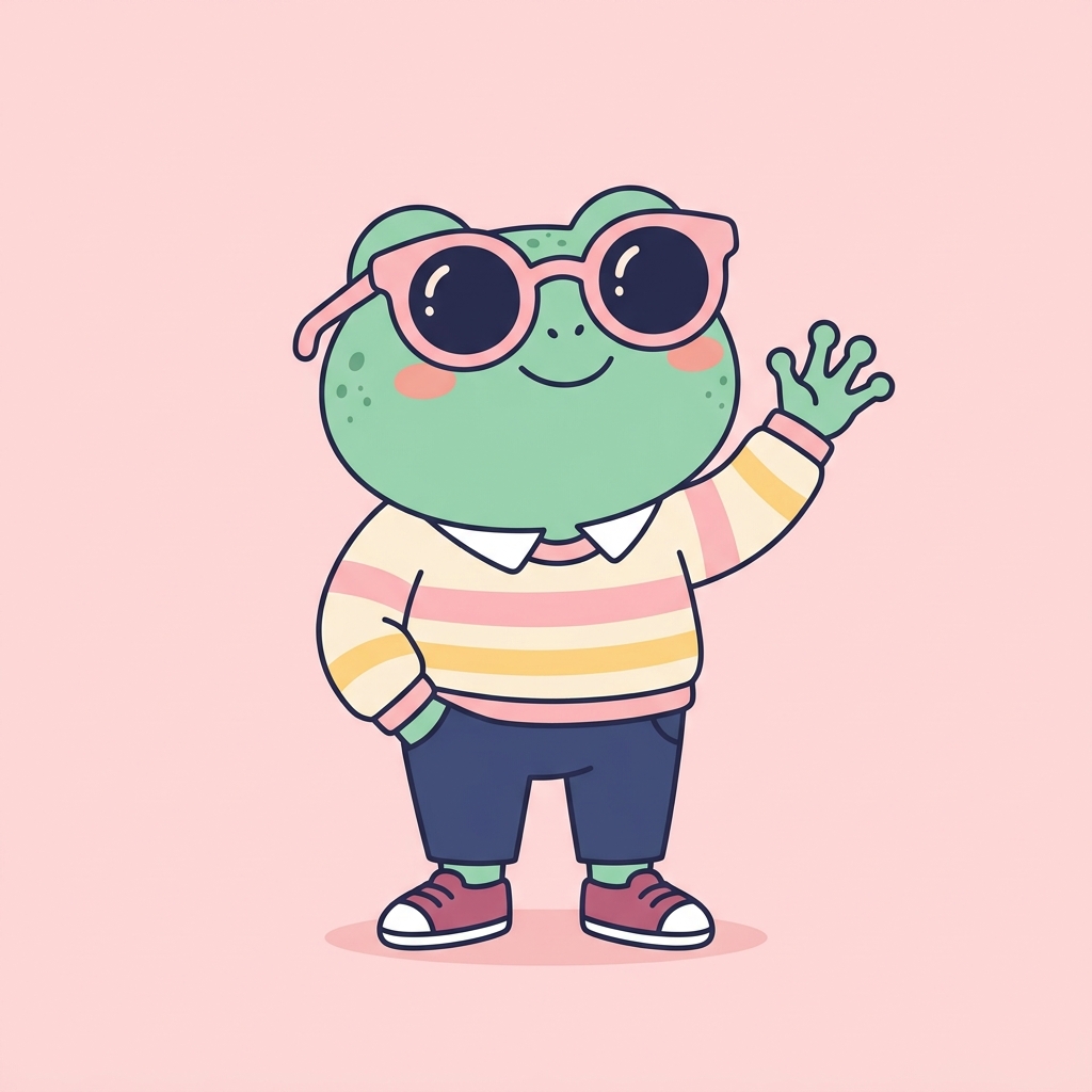 Sabzi the frog wearing pink sunglasses